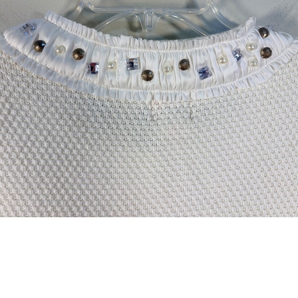 Ruby Rd Petite White Embellished Cardigan Ruffle Trim Pearl Crystal PM Sweater - Picture 7 of 7